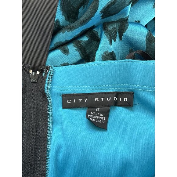 City Studio Blue & Black Leopard‎ Ruffle Dress Size 5 Junior Y2K Prom Feathers - Picture 8 of 11